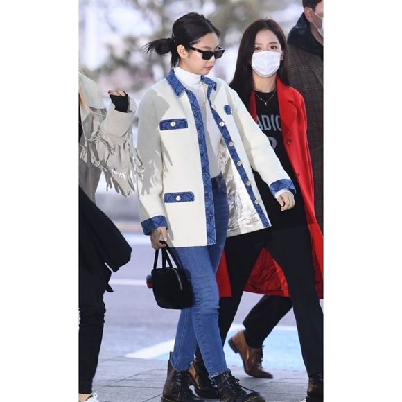 SANDRO Chelby Tweed Denim Jacket White Blue Coat 38 6 Medium - Picture 1 of 10